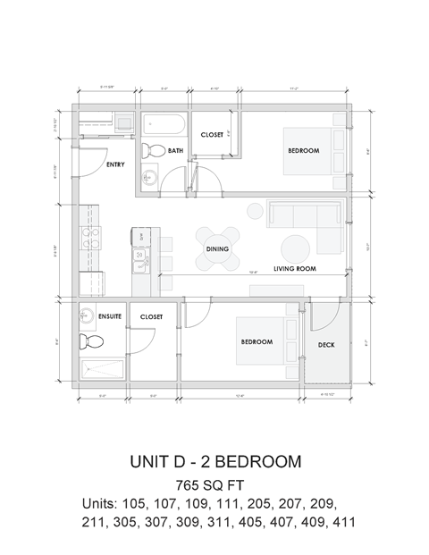 Floor plan for 2 beds, 2 baths, 765 sqft